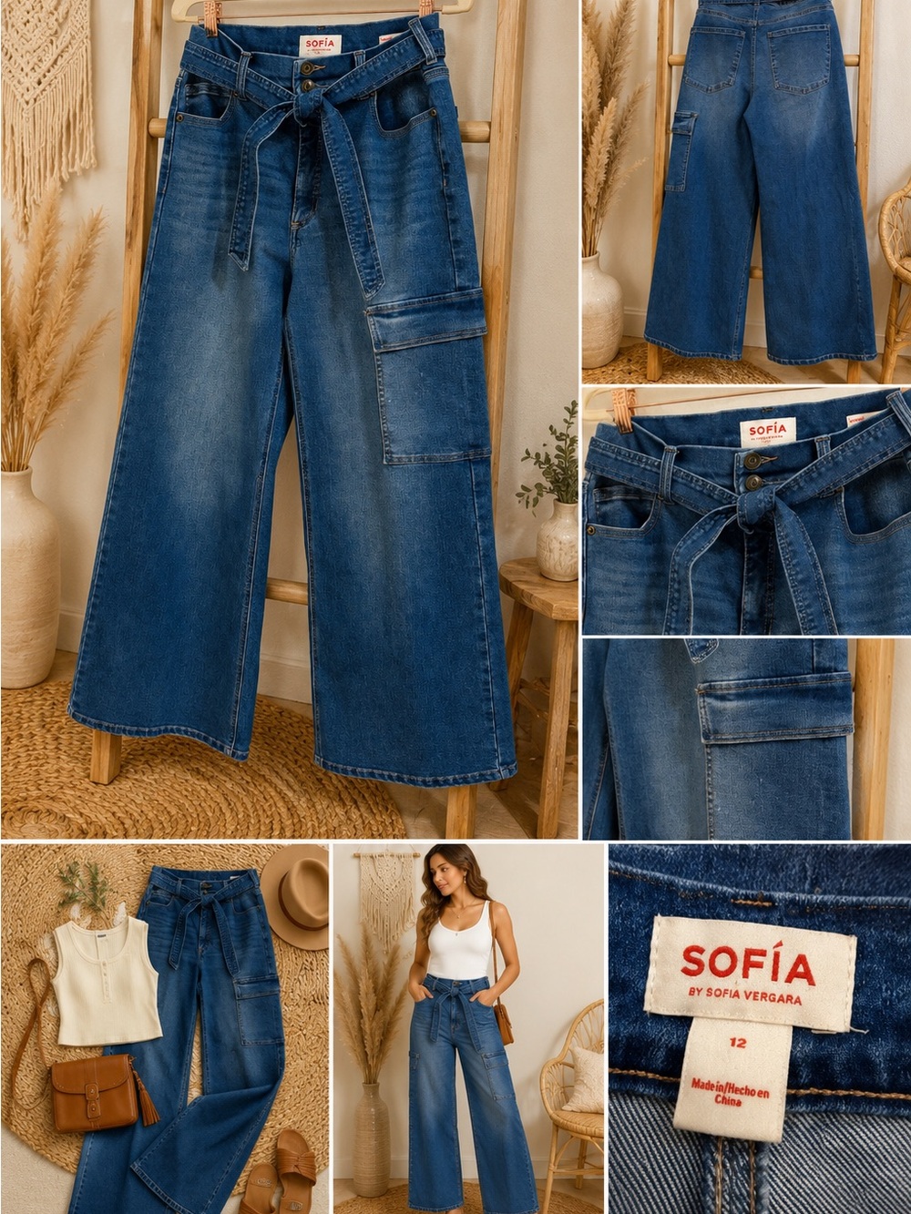 sofia by sofia vergara Dark Blue Wide-Leg Tie Waist Jeans